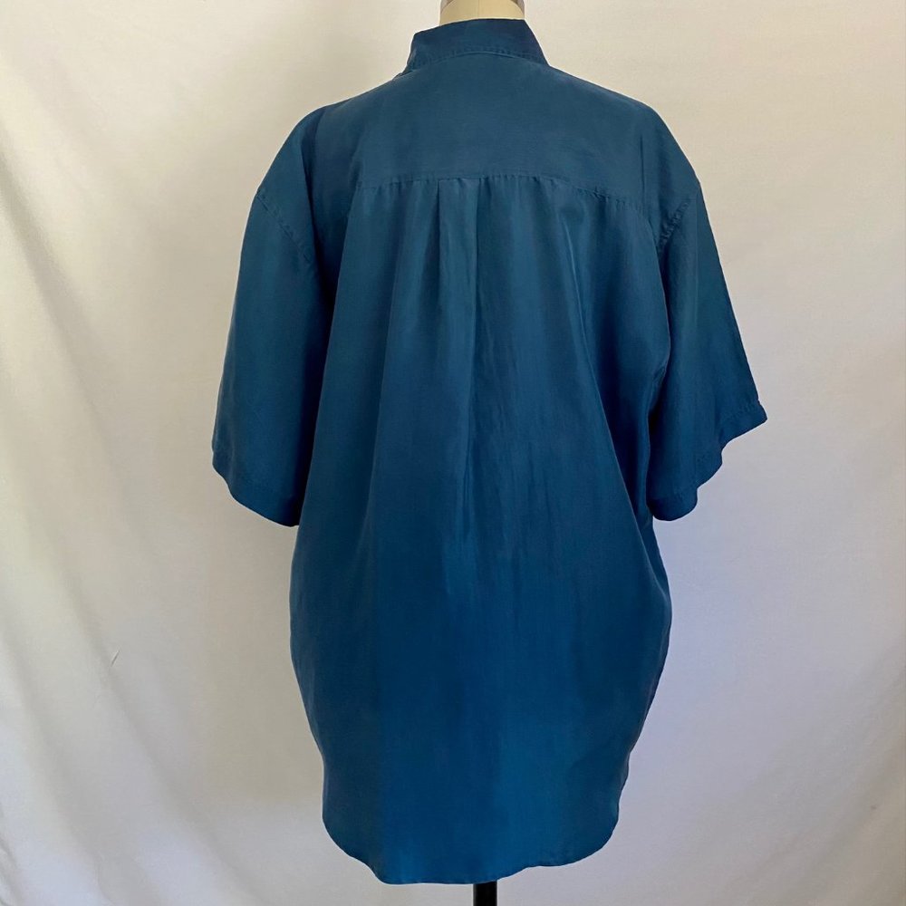 Vtg Basic Editions Teal Silk Button Down Blouse - image 3